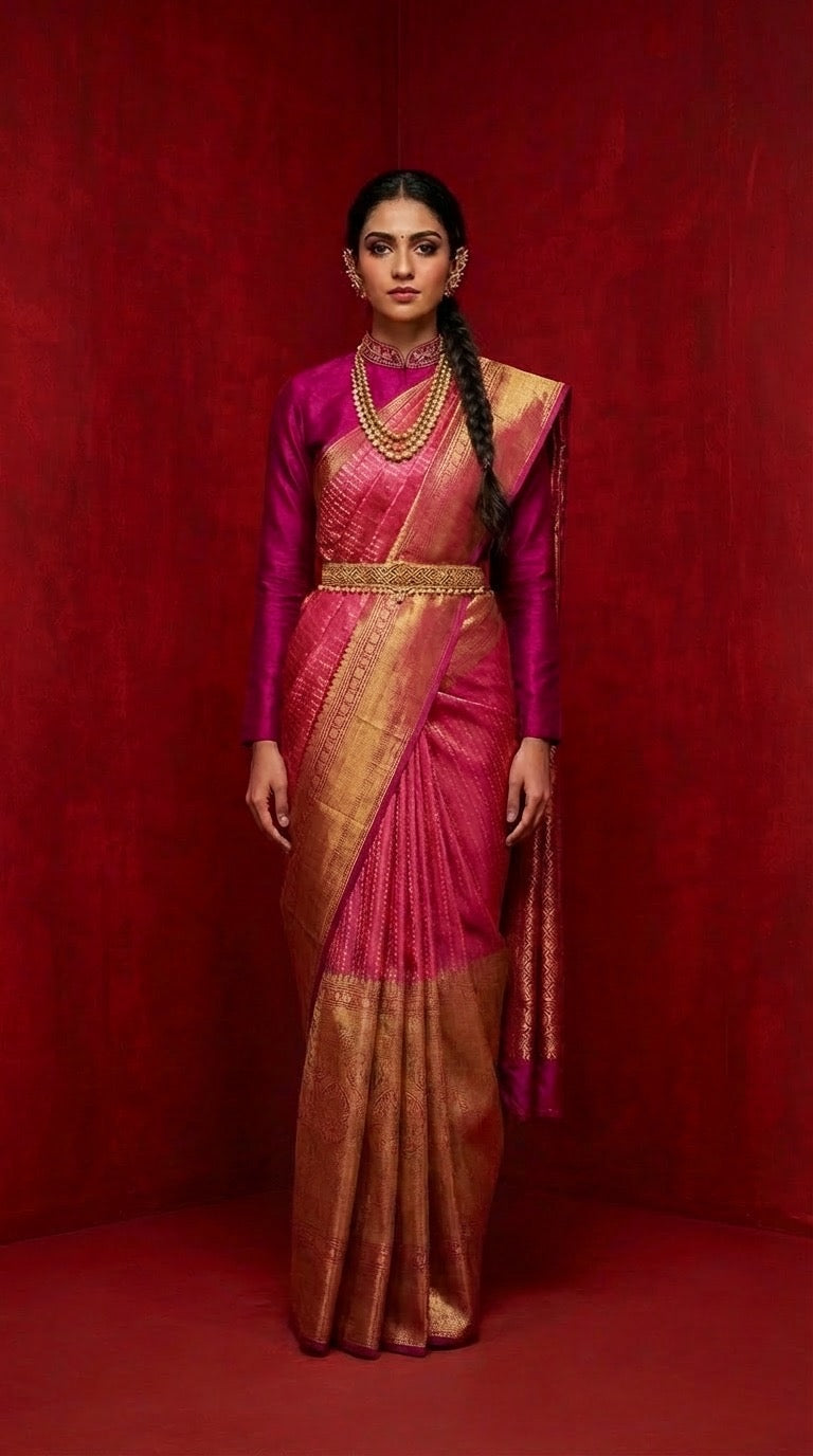 Magenta Silk Saree with Gold Zari Border