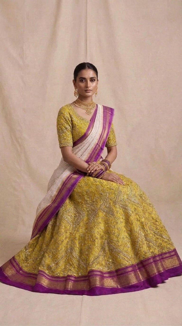 Haldi Yellow Ilkal Lehenga Set — Festive Edit, front standing view
