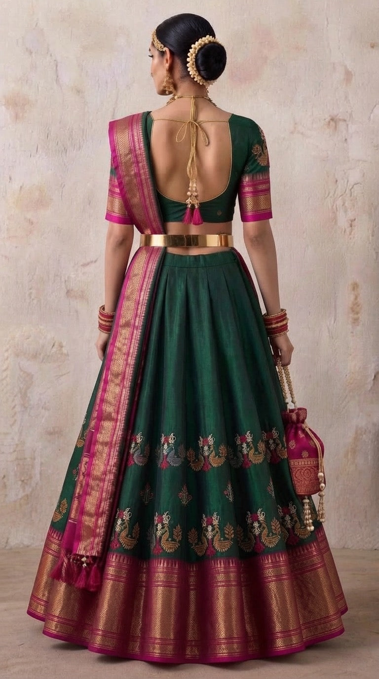 The Kasuti Ilkal Bridal Lehenga — front view showing deep green pure silk Ilkal body with peacock Kasuti embroidery, magenta dupatta and gold belt