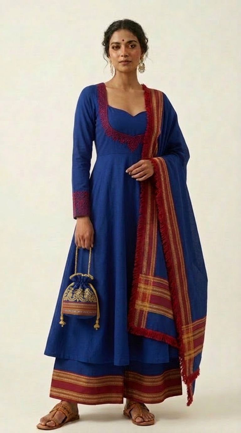 Handloom Ilkal Anarkali Set — Royal Blue with Hand Embroidery & Ilkal Borders