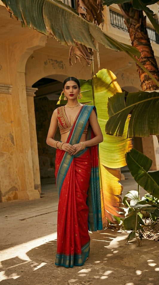 Ilkal Silk Saree - Red & Teal