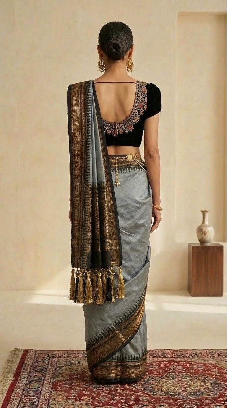 Ilkal Saree – Steel Grey & Black