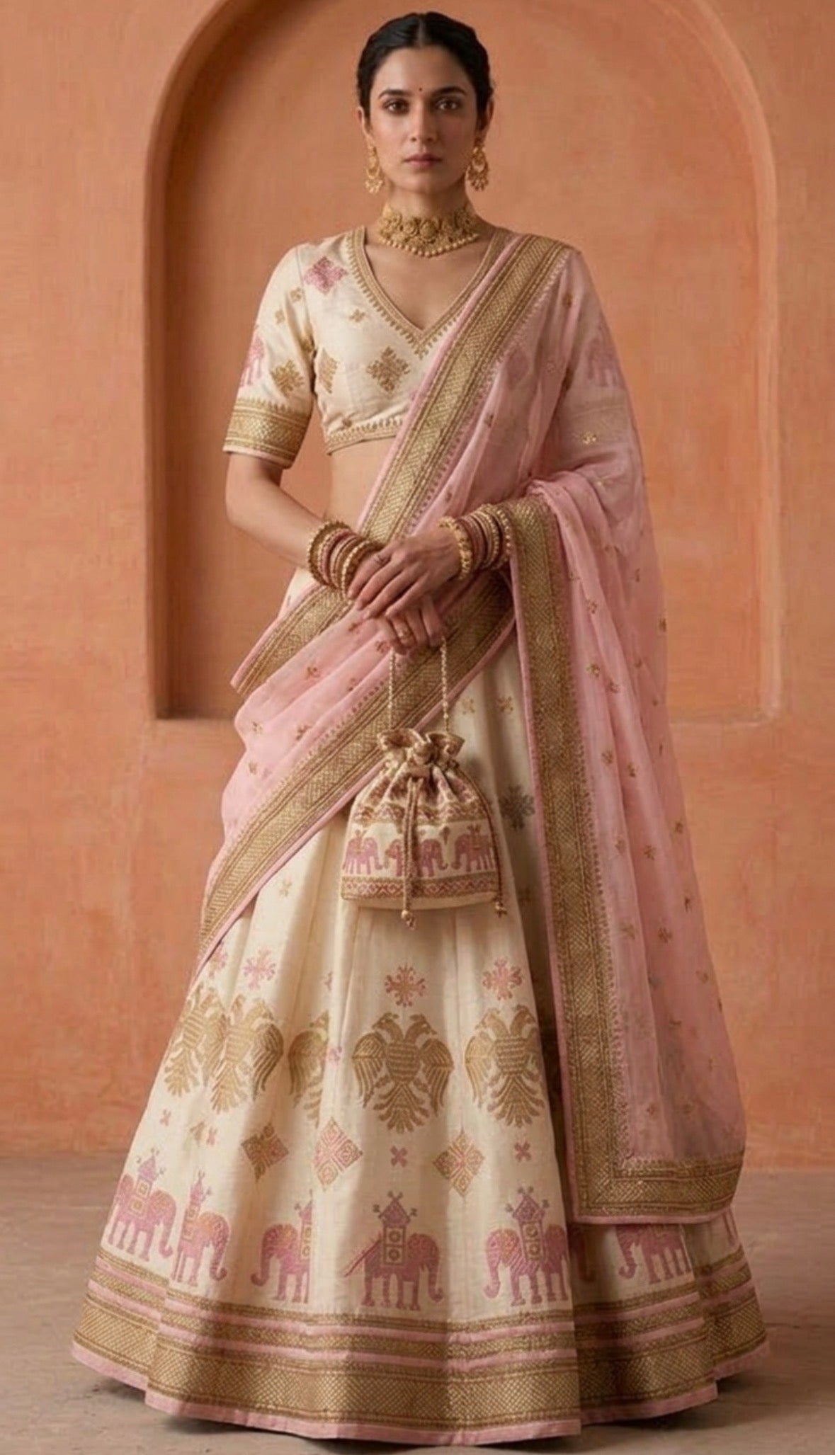 Gandaberunda Ilkal Silk Lehenga Set  Ivory & Blush