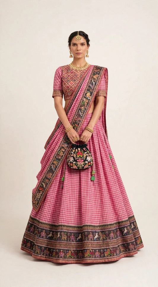 Ilkal Gingham Lehenga Set - back view with dupatta