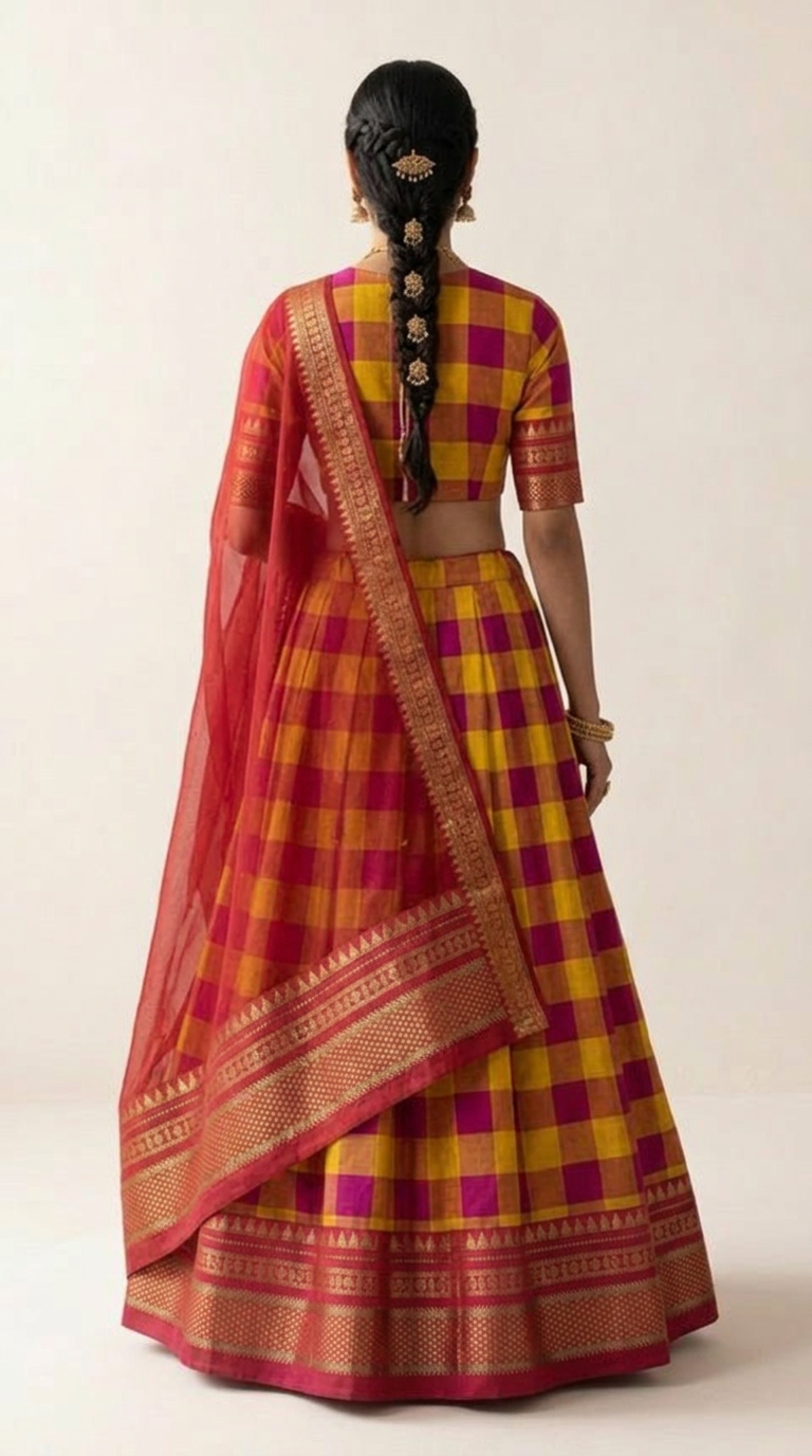 Handwoven Ilkal Saree Lehenga  Mustard, Magenta & Red Zari