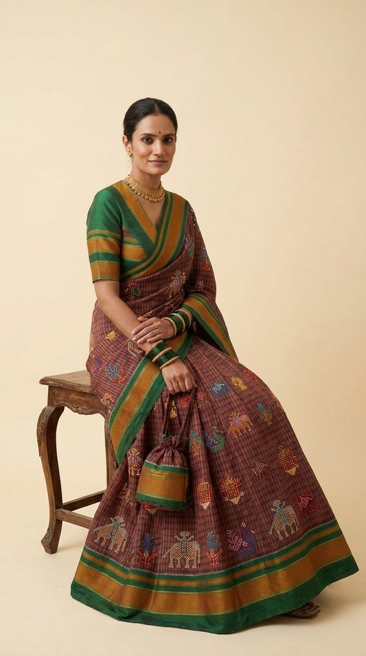 Folk Ilkal Handloom Cotton Silk Saree with Kasuti Embroidery