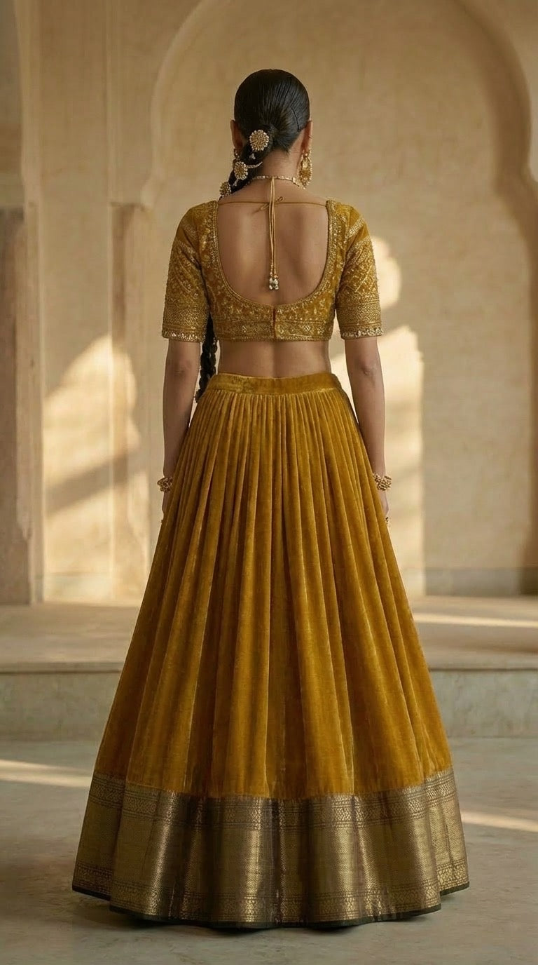 Mustard Gold Silk Lehenga with Gold Zari Border