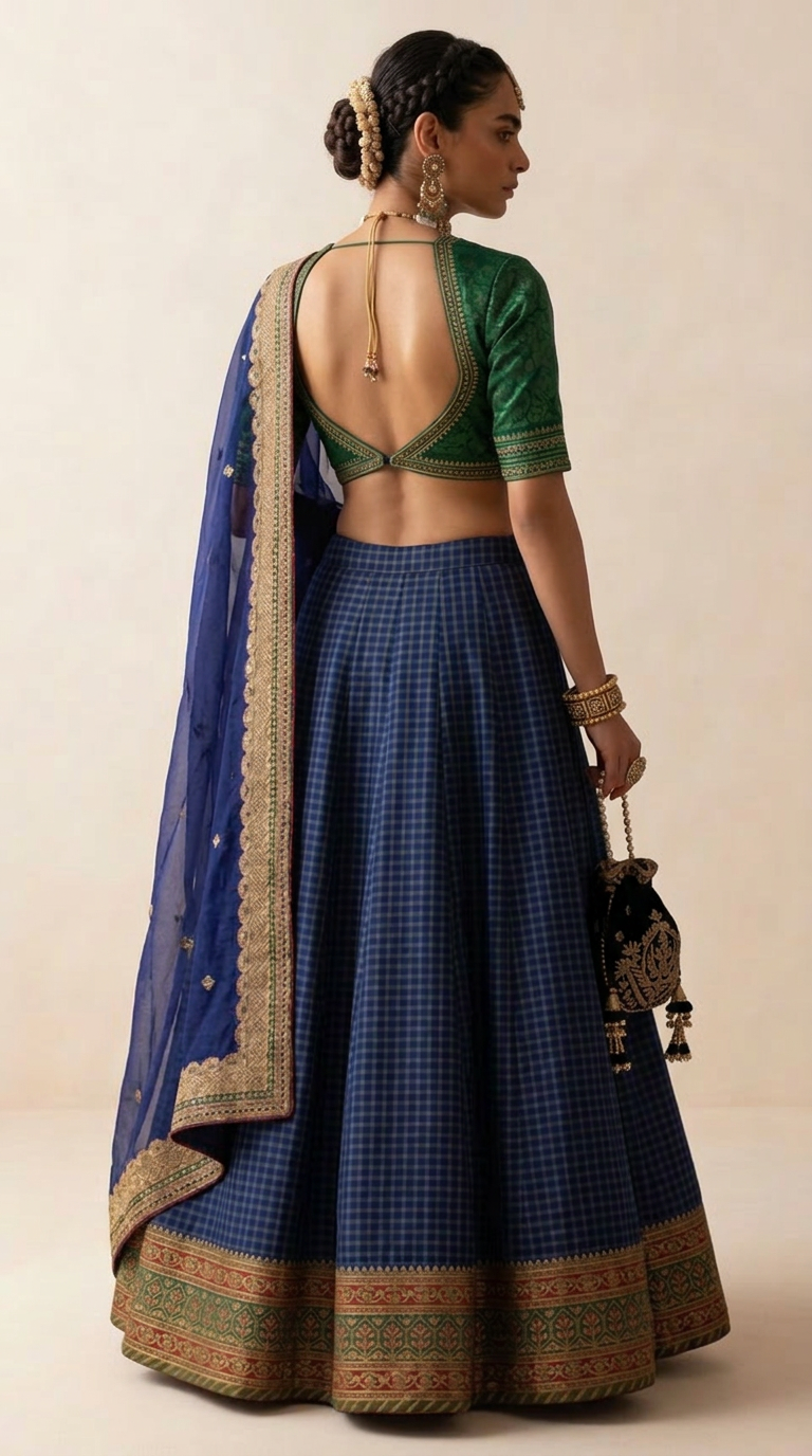 Deep Blue Ilkal Silk Checks Bridal Lehenga Set with Floral Hand Embroidery