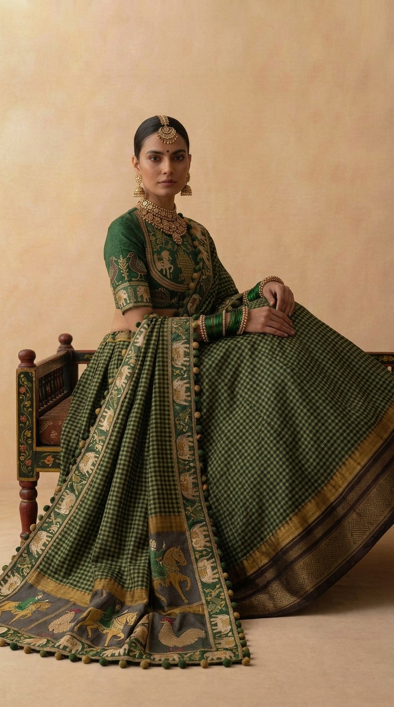 Forest green handloom lehenga - front seated view with Kasuti blouse and zari dupatta