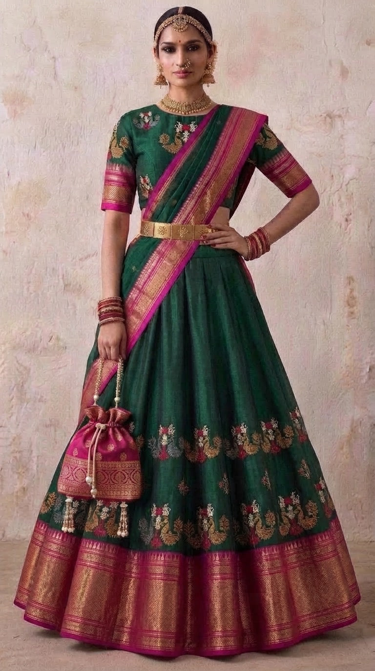 The Kasuti Ilkal Bridal Lehenga — back view showing U-back blouse with gold tassel tie, Kasuti embroidery and full magenta zari border hem
