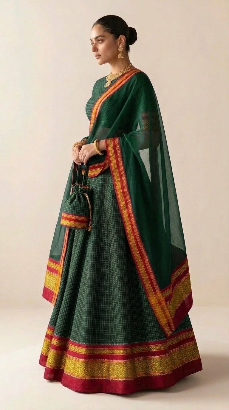 Forest Green Checks Silk Lehenga Set with Zari Border
