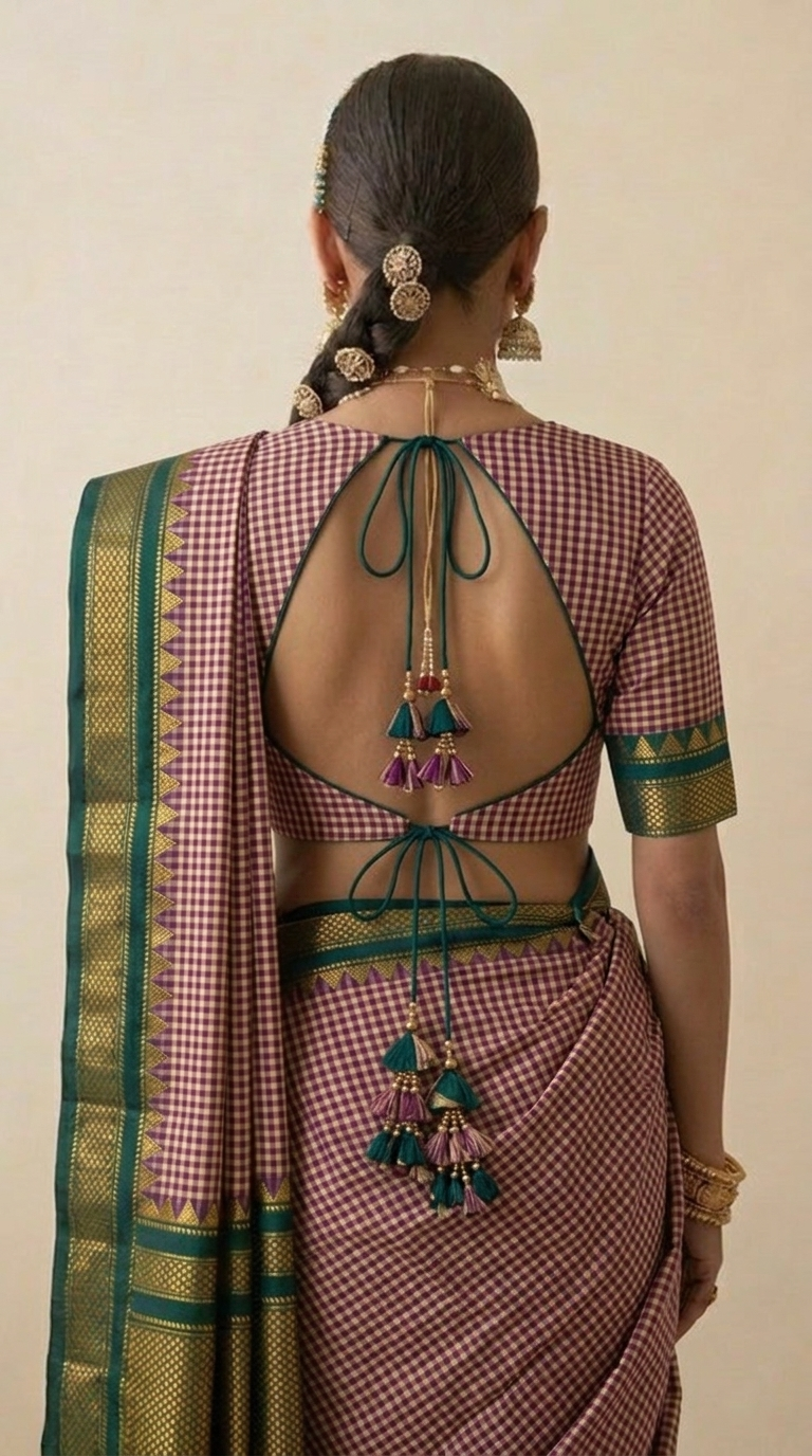 Maroon & Green Checks Handwoven Silk Saree