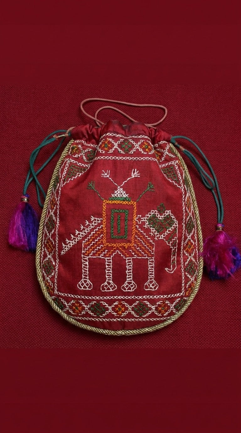 Kasuti Hand Embroidered Silk Potli - Crimson with Elephant Motif
