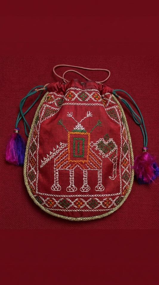 Kasuti Hand Embroidered Silk Potli - Crimson with Elephant Motif