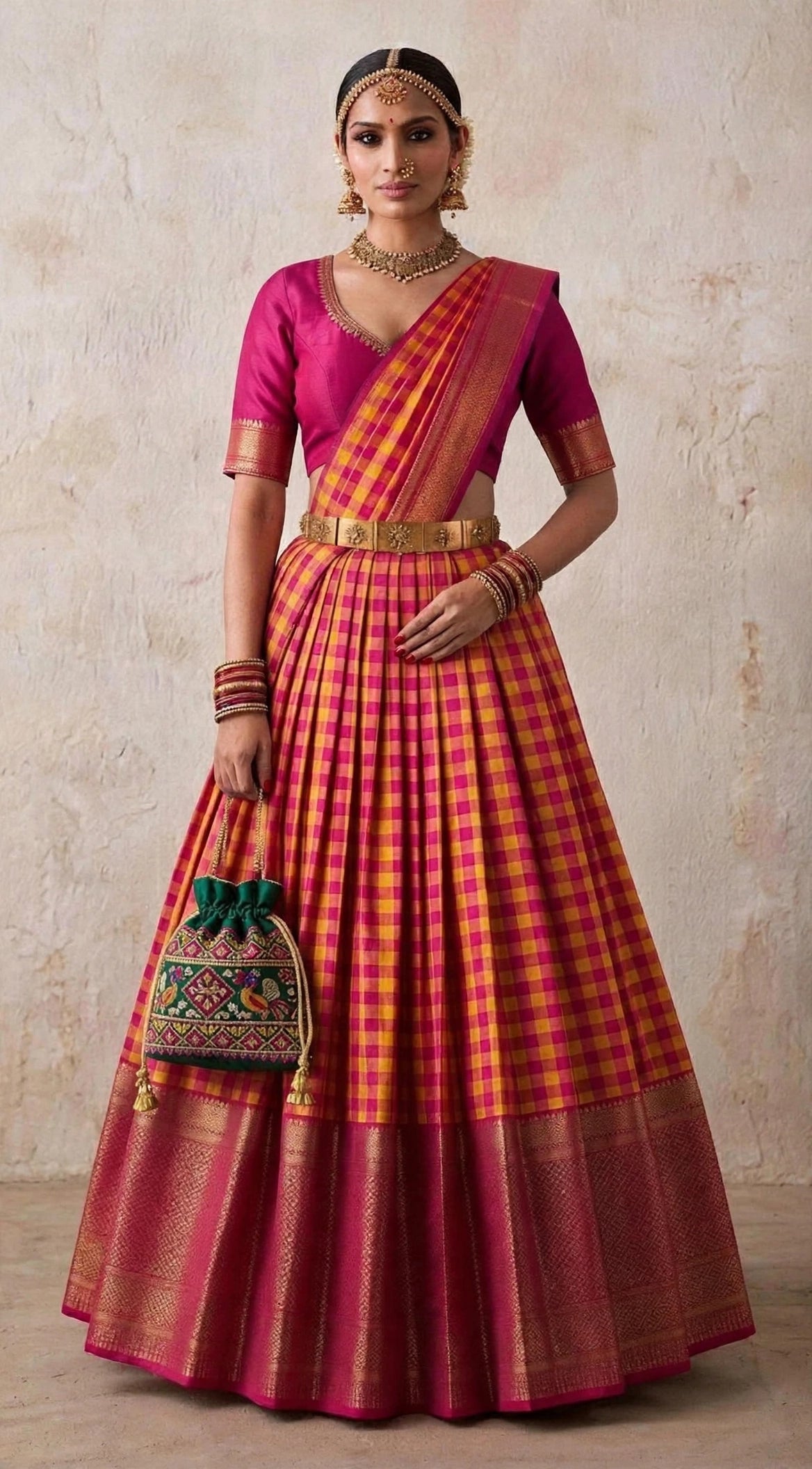 Back view — Ilkal Checks Reimagined pure silk kattam lehenga showing tope teni pallu and open back blouse