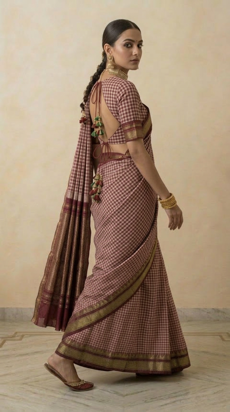Dusty Rose & Maroon Checks Handwoven Silk Saree