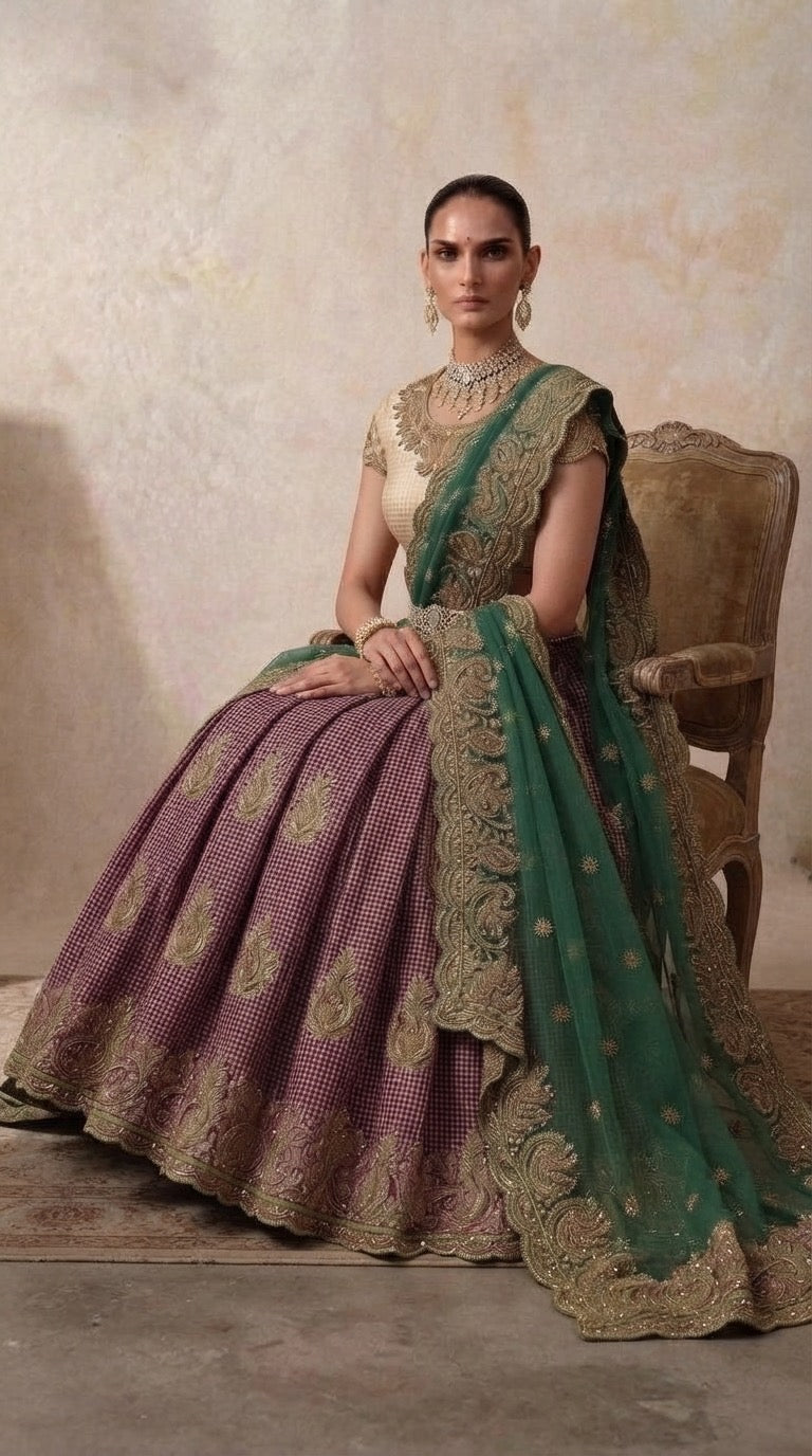 The Wine Checks Bridal Lehenga Set — seated front view showing full skirt spread and dupatta detail