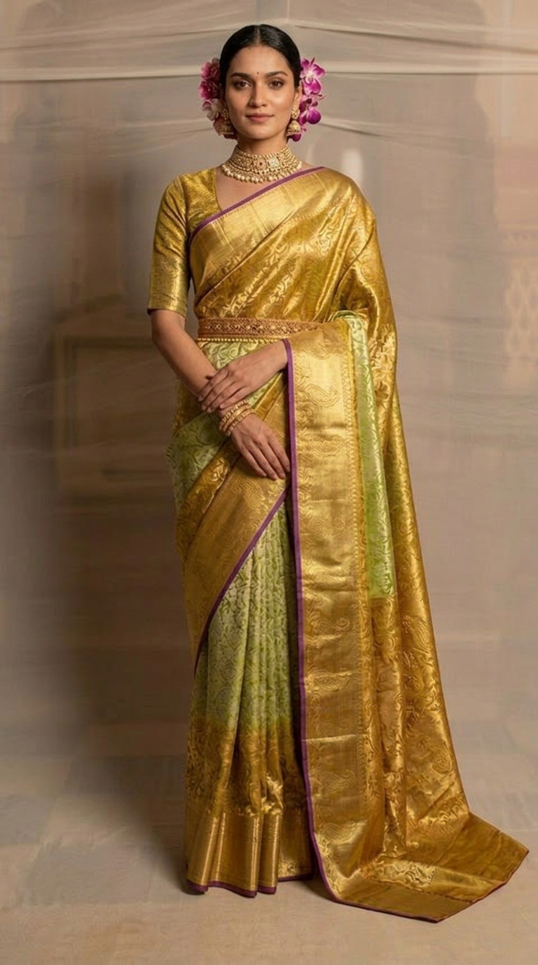 Parrot Green and Gold Tissue Silk Saree
