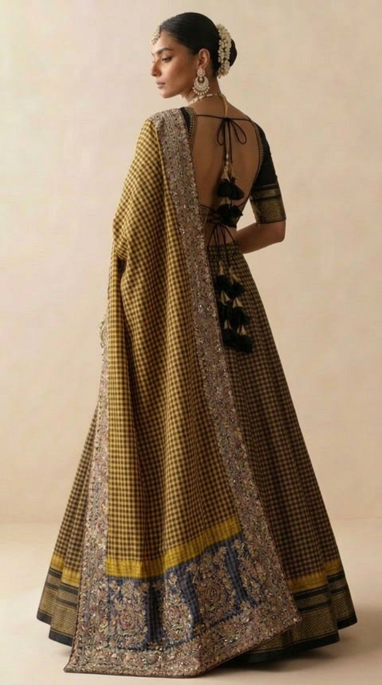 Mustard Checks Lehenga Set