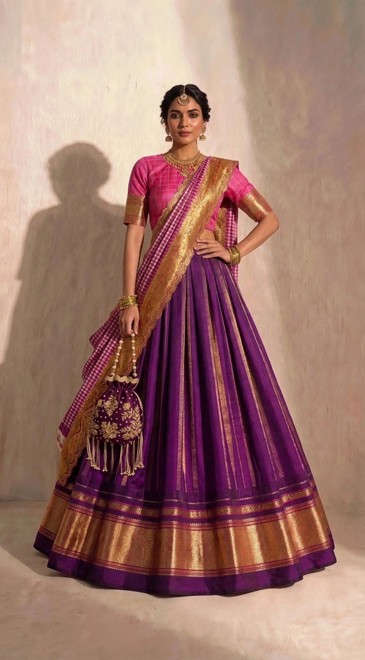 Handloom silk lehenga in royal purple with pink blouse and gold zari — front view