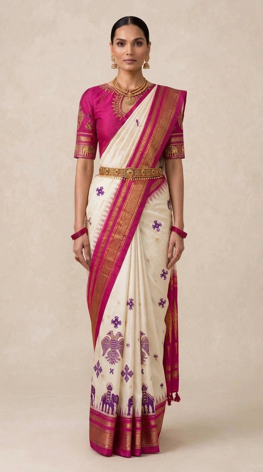 Ivory & Magenta Ilkal Silk Saree with Kasuti Hand Embroidery