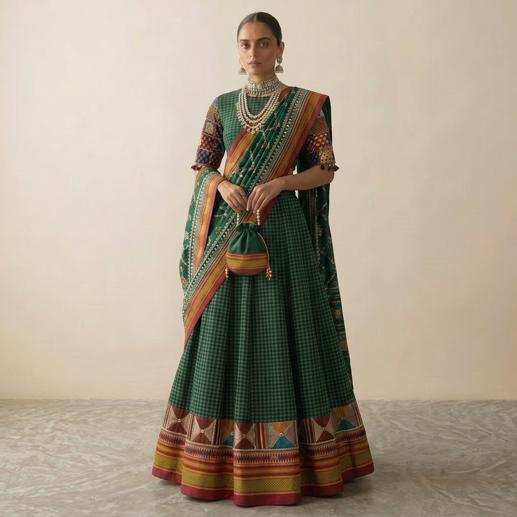 Ilkal Silk Lehenga Set with Patchwork Embroidered Blouse & Embroidered Dupatta