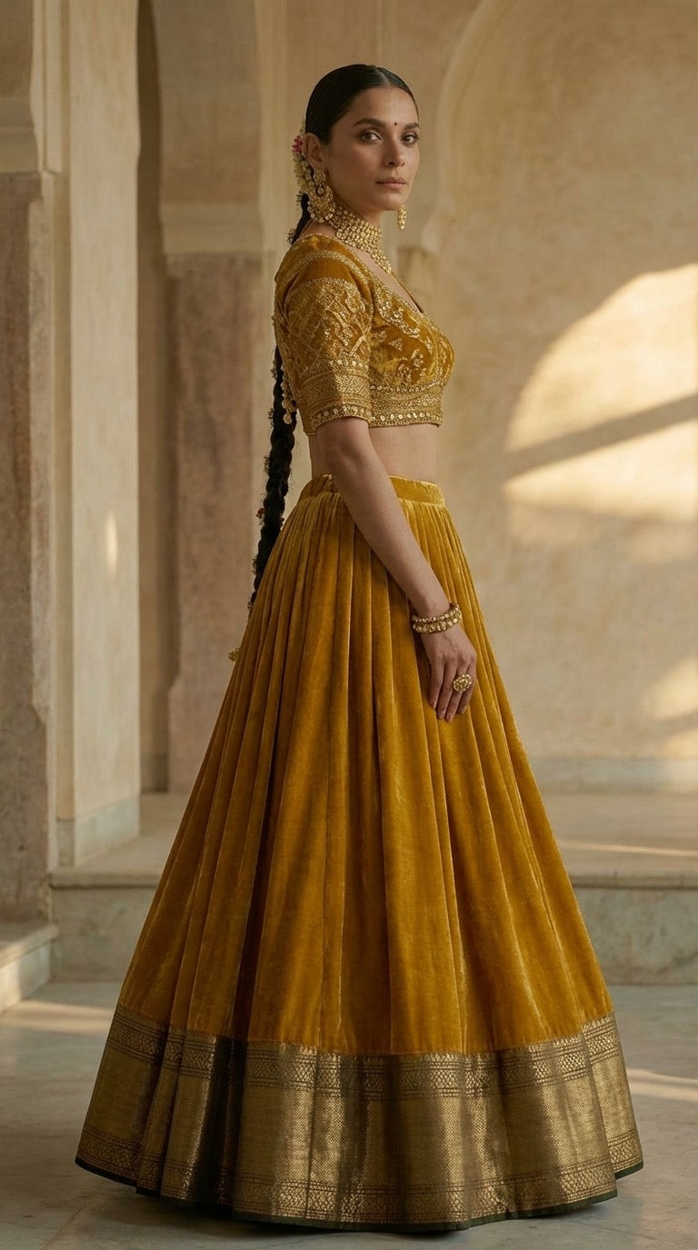 Mustard Gold Silk Lehenga with Gold Zari Border
