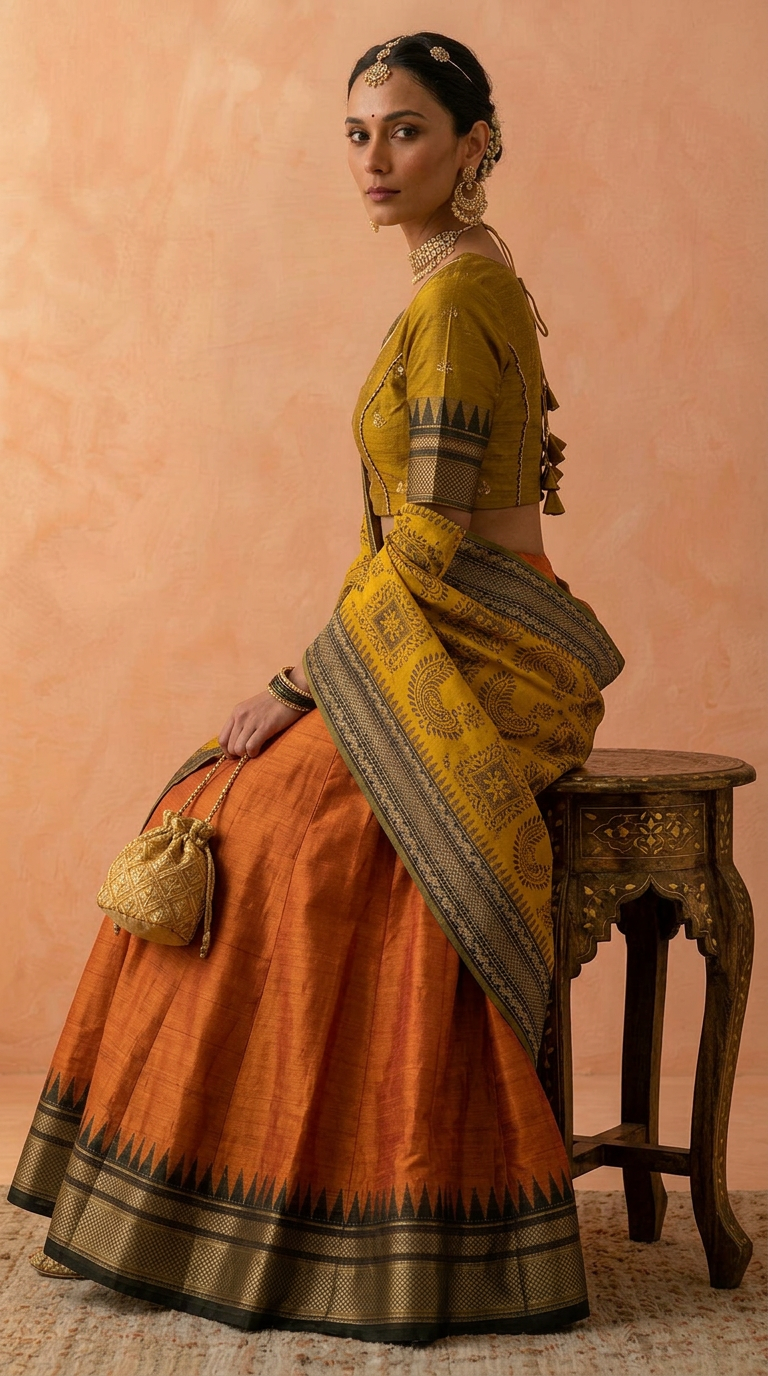 Silk Lehenga Set – Marigold & Rust in handwoven silk