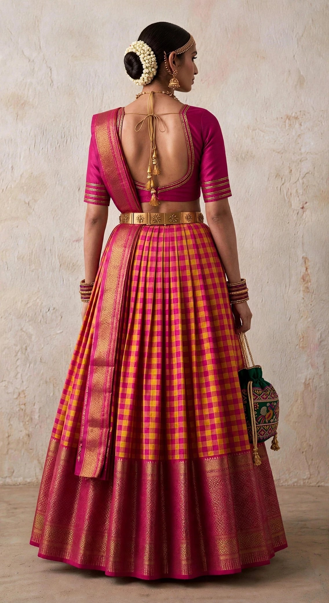 Seated view — Ilkal Checks Reimagined pure silk kattam lehenga with temple vaddanam