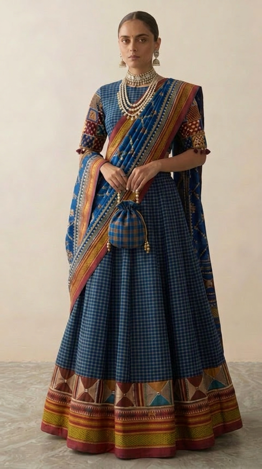 Ilkal Checks Lehenga  Kasuti Hand-Embroidered