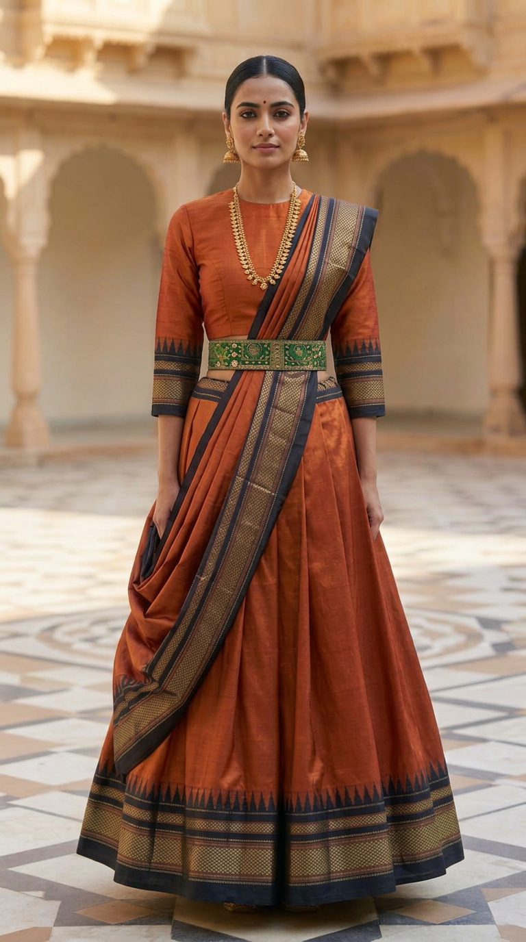 Rust Ilkal Handwoven Silk Lehenga Set