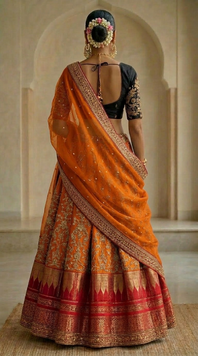 Orange Embroidered Silk Lehenga with Black Blouse