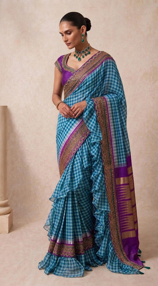Checks But Make It Cocktail saree — back view showing deep-back custom blouse and ruffle pallu drape