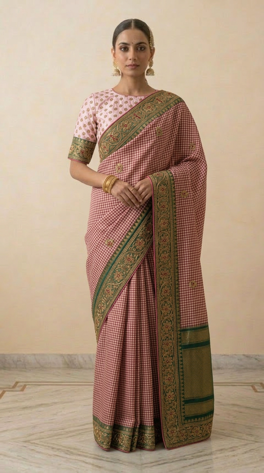 Ilkal Silk Saree  Checks Weave with Kasuti Embroidered Border