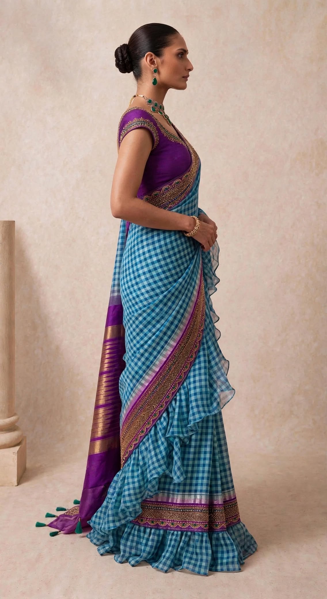 Checks But Make It Cocktail saree — front view, firozi blue gingham silk with ruffle hem and hand-embroidered border