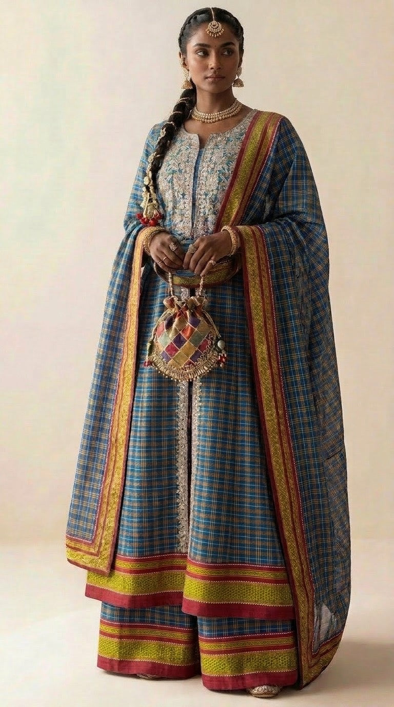 Ilkal Cotton Sharara Set with Zardozi Embroidered Anarkali & Dupatta in Teal