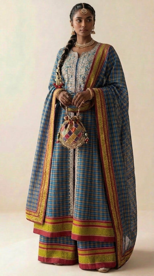 Ilkal Cotton Sharara Set with Zardozi Embroidered Anarkali & Dupatta in Teal