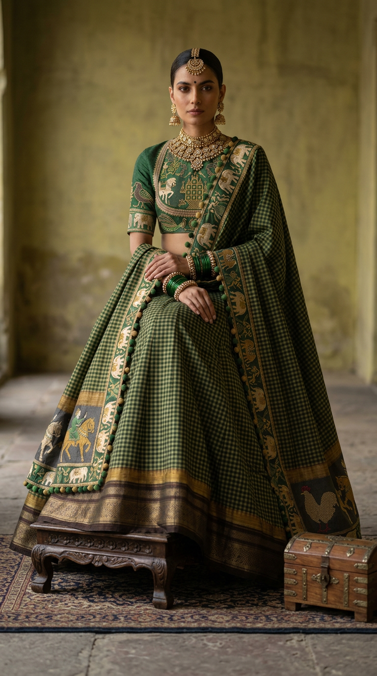 Forest green handloom lehenga - back view showing open-back blouse and pom-pom dupatta
