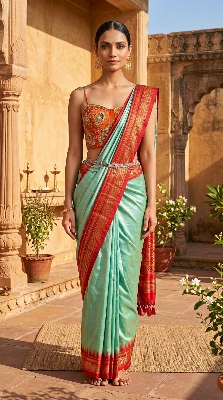 Ilkal Saree – Mint Green & Vermilion Red