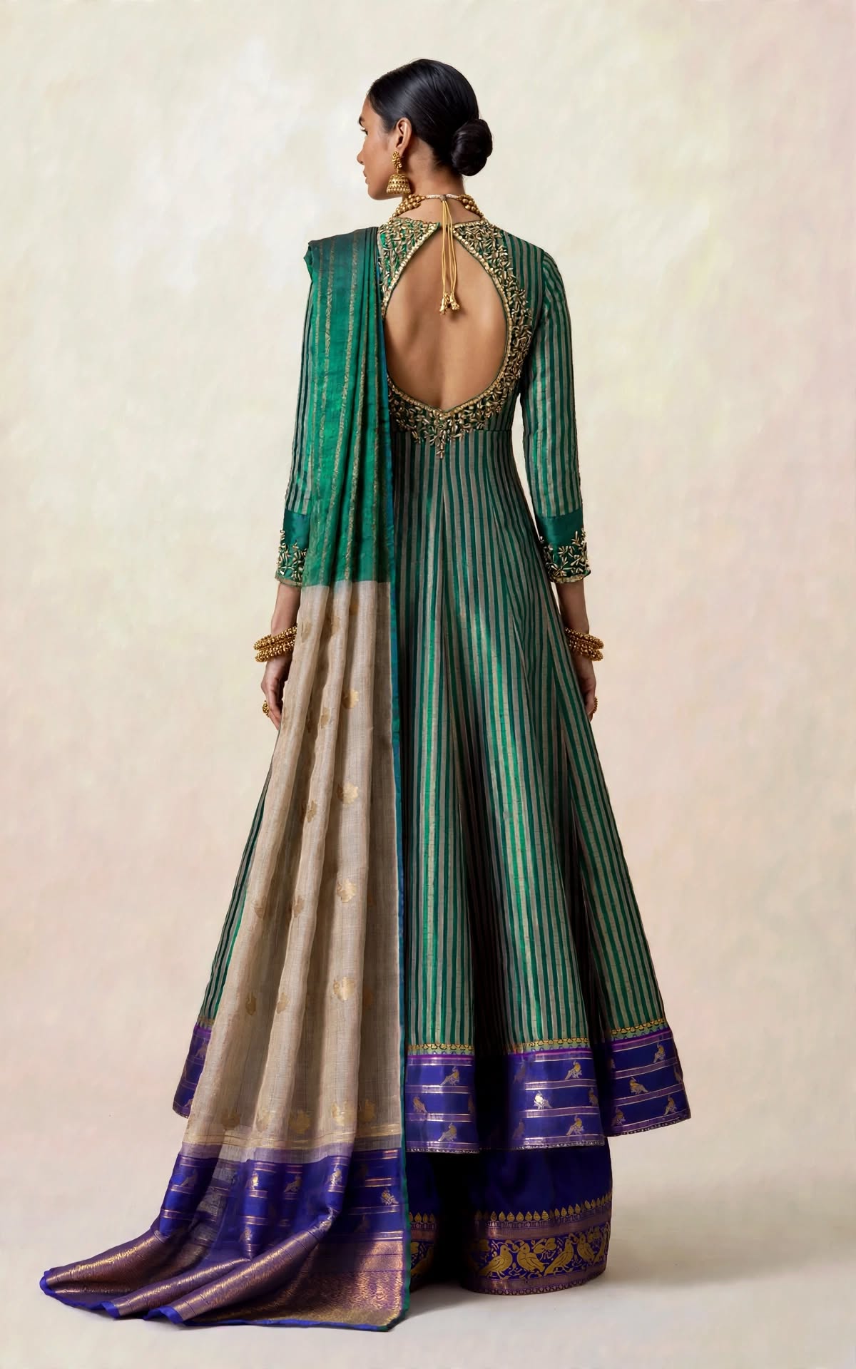 Forest Emerald handloom anarkali set - back view showing sculpted open back