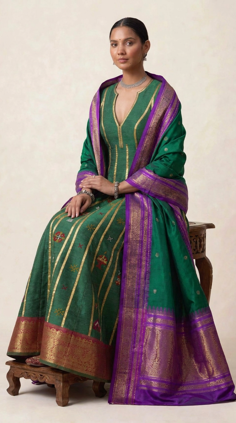 Molkalmuru silk anarkali with jamuni Ilkal odhni - seated front view