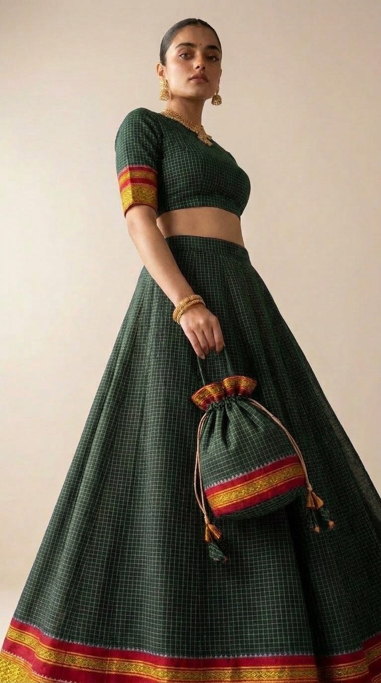 Forest Green Checks Silk Lehenga Set with Zari Border