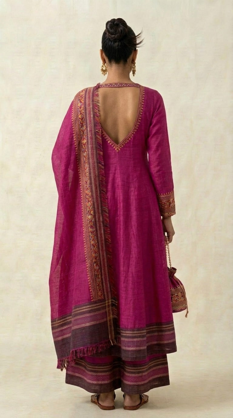 Magenta Ilkal Cotton Anarkali Set with Kasuti Embroidery