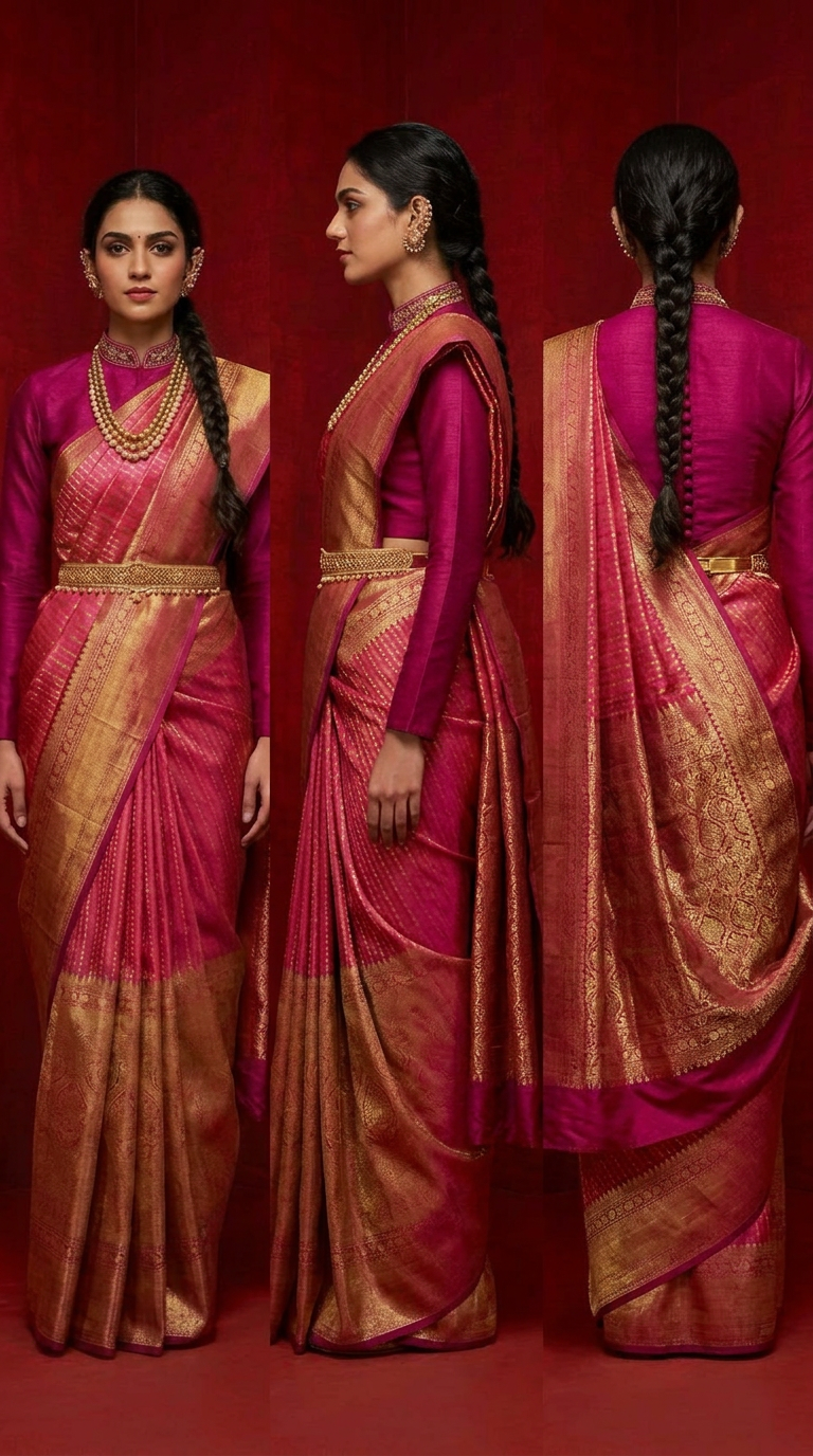Magenta Silk Saree with Gold Zari Border