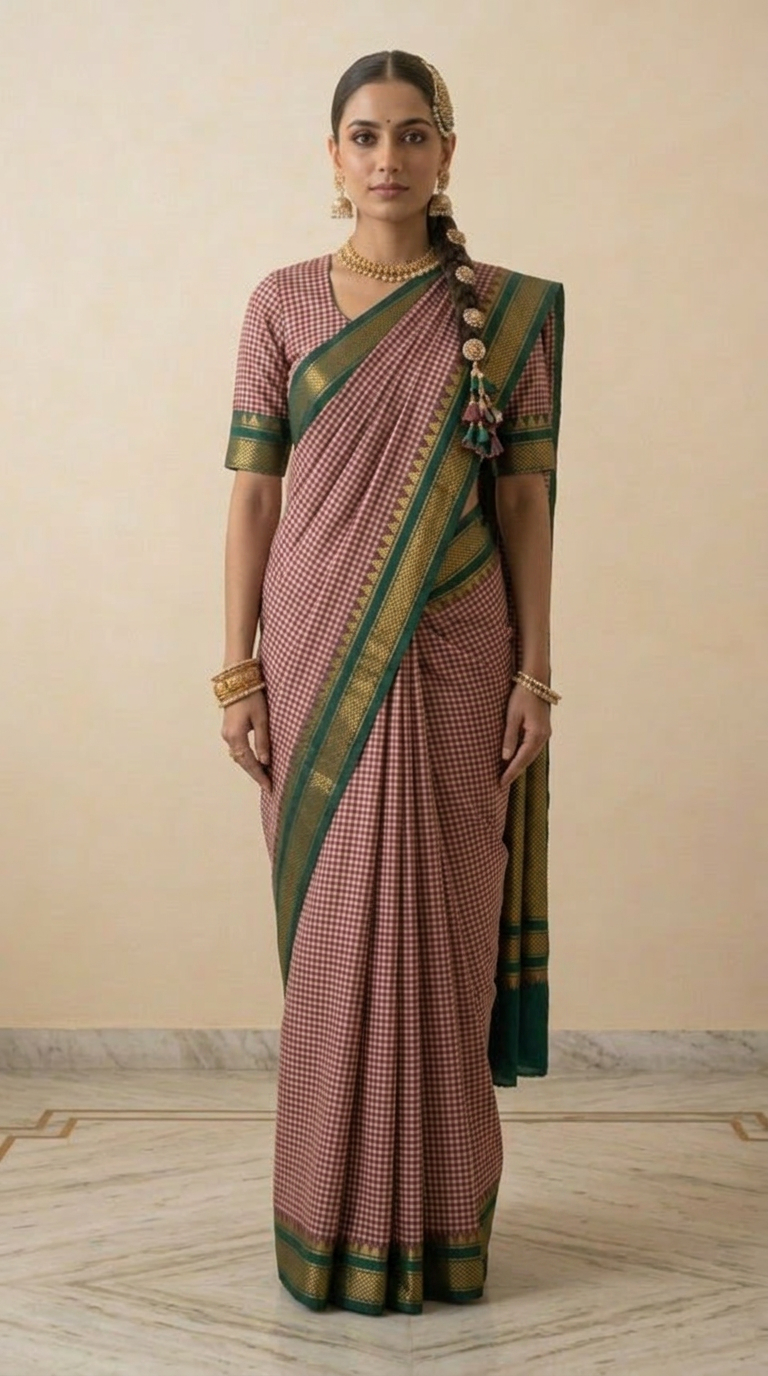 Maroon & Green Checks Handwoven Silk Saree