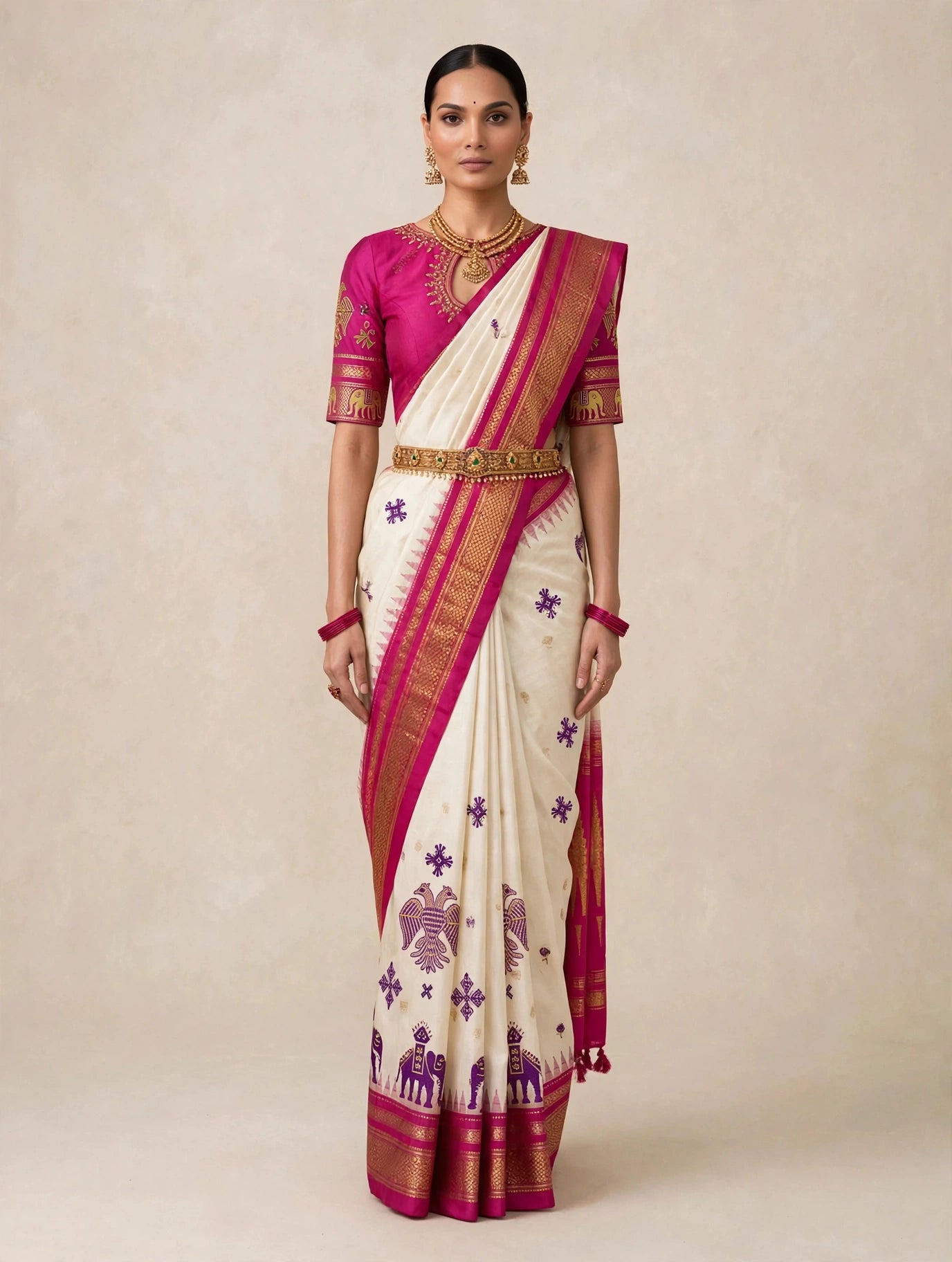Ivory Ilkal handloom silk saree with Kasuti embroidery and Gandaberunda motifs - front view