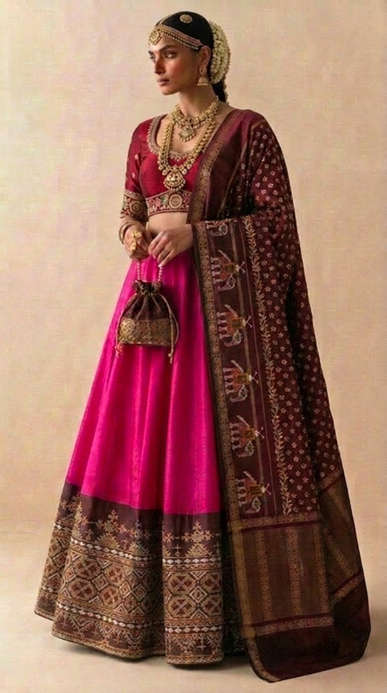 Kasuti Hand Embroidered Ilkal & Molkalmuru Lehenga — Karnataka Handloom