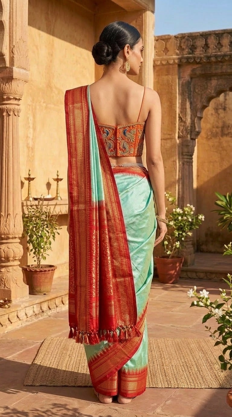 Ilkal Saree – Mint Green & Vermilion Red