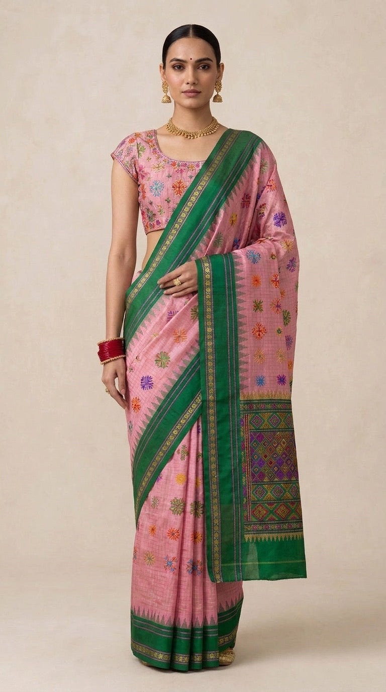 Blush Pink Molkalmuru Silk Saree with Kasuti Embroidery