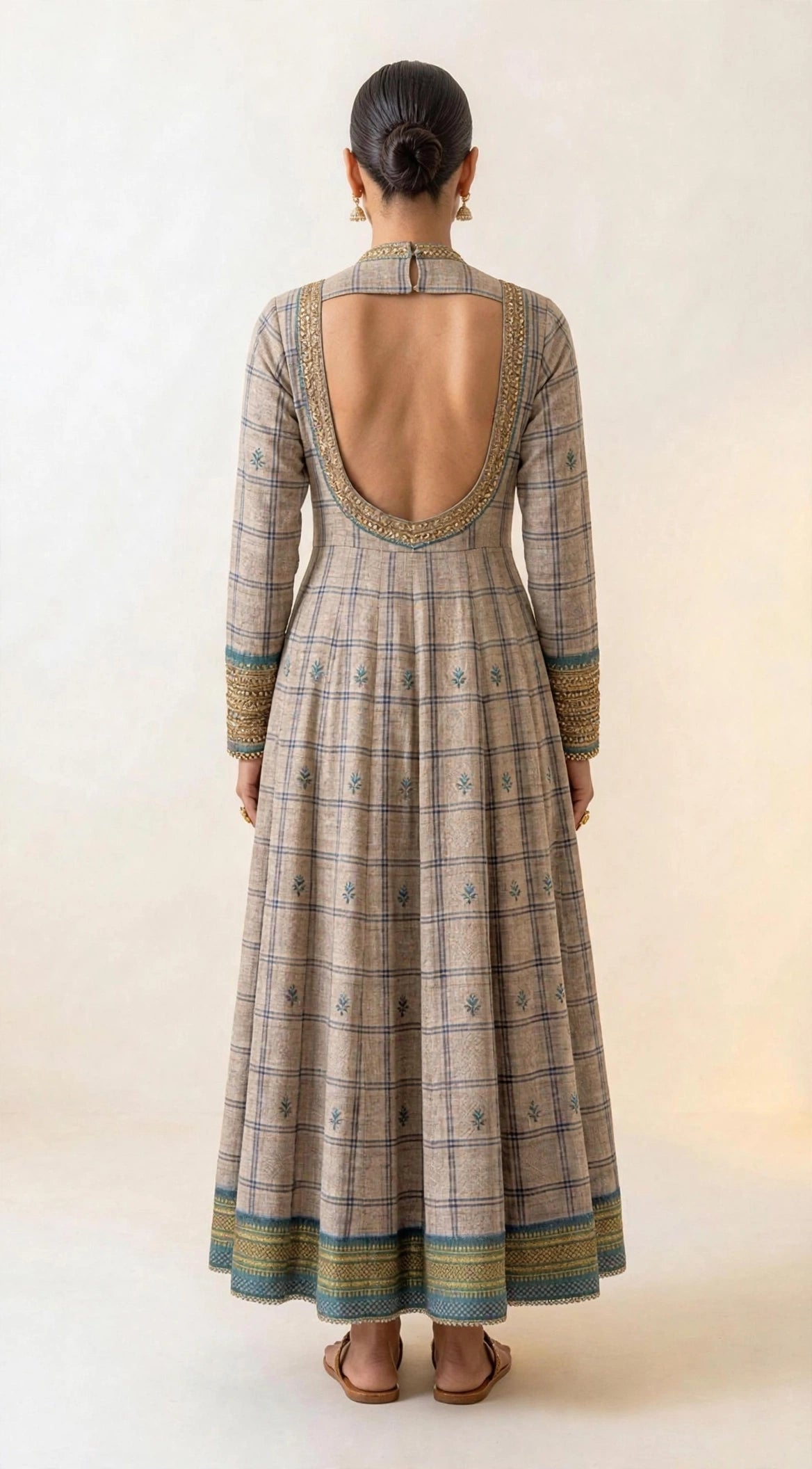 Grey Ilkal check handloom anarkali - back view showing open back